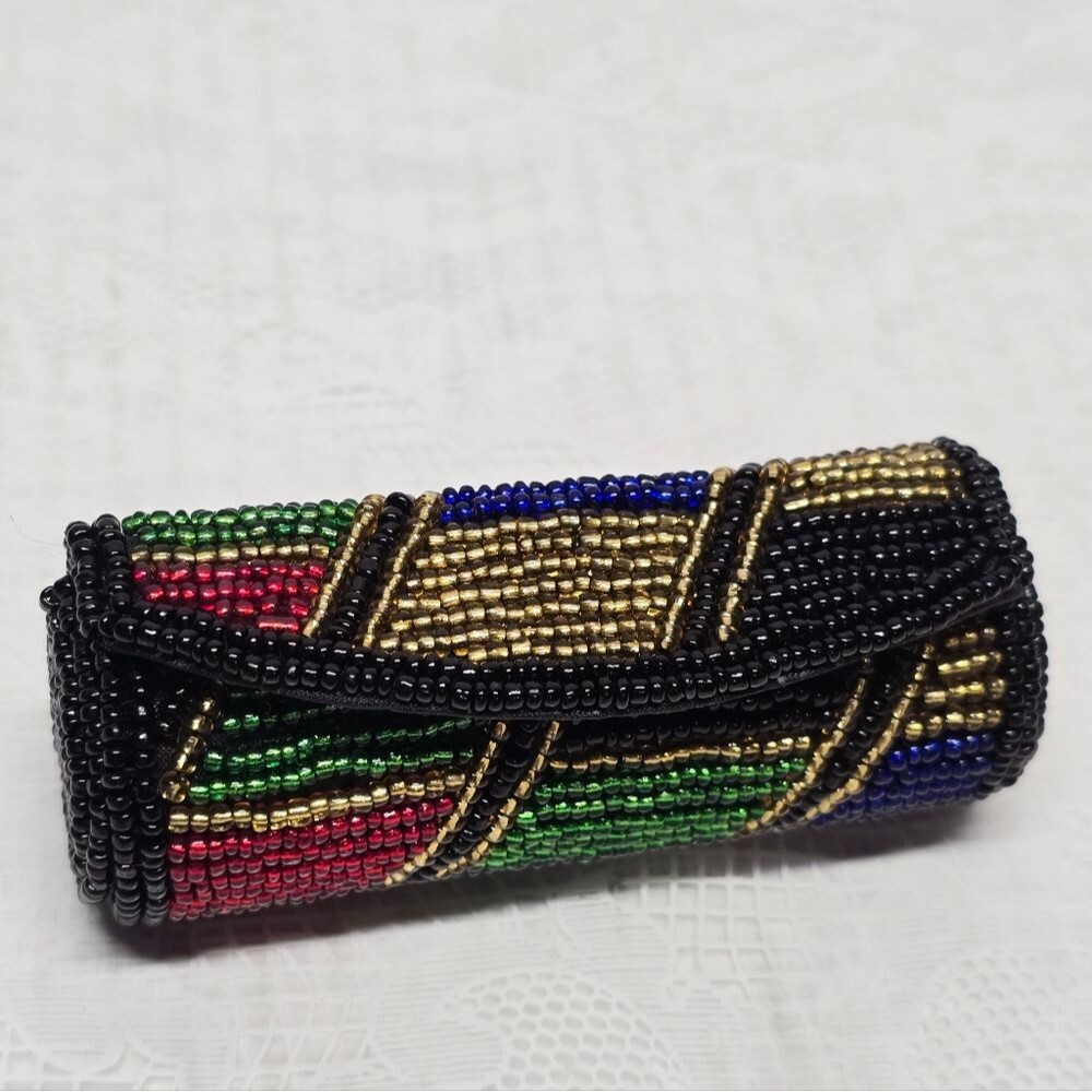 Vintage Beaded Art Lipstick Case With Mirror Makeup Embellished Boho Chic